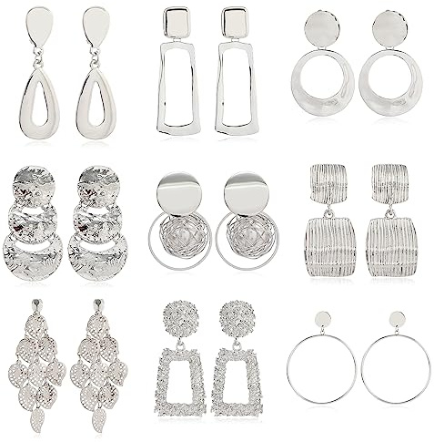 Hifot 9 Paires Boucles d'oreilles Pendantes Argent Femme, Carré Rondes Boucles d'oreilles Clips Oreilles Non Percées, Grosse Boucle d'oreille Longue Cadeau Femme Anniversaire