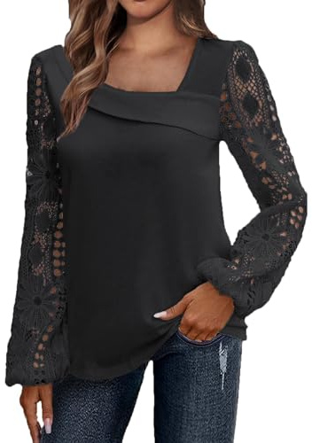 Haut Femme Chic Et Elegant Manches Longues Dentelle Vetement Femme Chic Chemisiers Et Blouses Femme Haut Femme Chic Et Elegant Casual Vetement Femme Chic Blouse Tops Outfits Vêtements Noir 3XL HY610