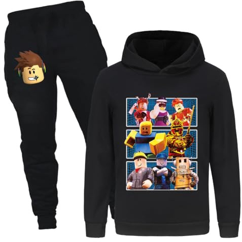 Rzfbeeok Ensembles de survêtement pour enfants, garçons et filles, sweat à capuche et jogging de designer avec motif de dessin animé, Noir , 9-10 Years