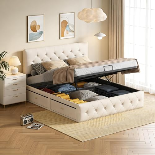 PerGar Cama Tapizada 160 x 200 cm con Almacenaje Hidráulica, Cama Matrimonio, Camas Matrimoniales con Láminas de Metálicas, Camas Juveniles Cama Doble con Somier, Terciopelo, Beige, Sin Colchon