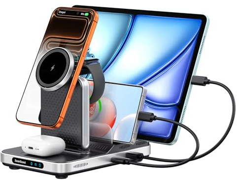 SwanScout Caricatore Wireless per iPhone, Stazione di Ricarica 5 in 1 per iPhone 17/Air/16/15/14/13/12, Base Ricarica per Apple Watch Ultra 3/11/10/9/8/7, per AirPods/iPad/Tablet, SwanScout 901M