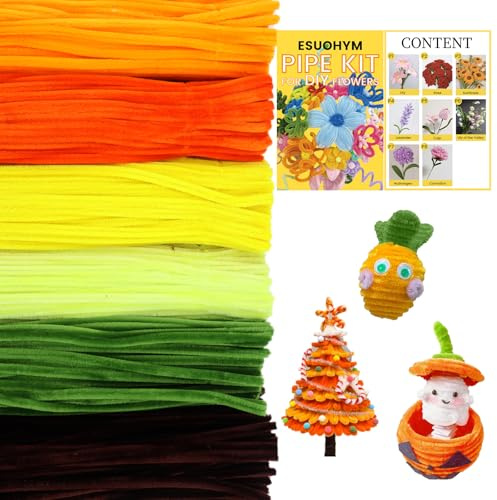 ESUOHYM 600 PCS Yellow Pipe Cleaners Craft Bulk with Instructions Chenille Stems Craft Supplies Thick Craft Sticks Fluffy Fuzzy Wire, Flower Bouquet Kit for Christmas Decoration for Kids and Adults