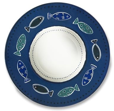 Excelsa Ocean Lot de 6 assiettes creuses en céramique avec motif poissons, bleu et blanc