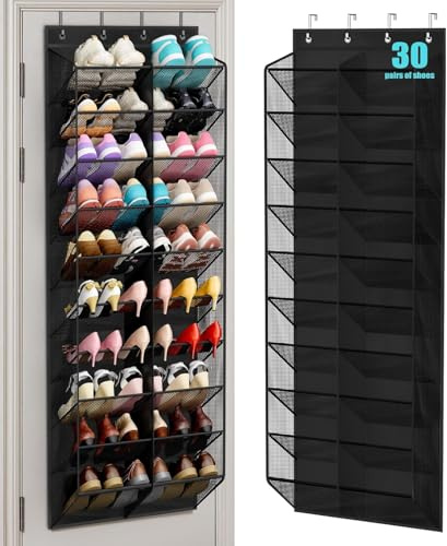 MISSLO 30 Pairs Over Door Shoe Storage, Breathable Hanging Shoe Rack with 20 Wide Pockets, 10 Layers Shoes Organiser for Wardrobe Door Storage Fit Sneakers, Boots Holder Hanger (Black, 71)
