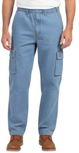 Men’s Lightweight Double Cargo Pocket Pull-On Jeans – Cotton Blend Cargo Pants with Elastic Waist Stone Wash / 2XL