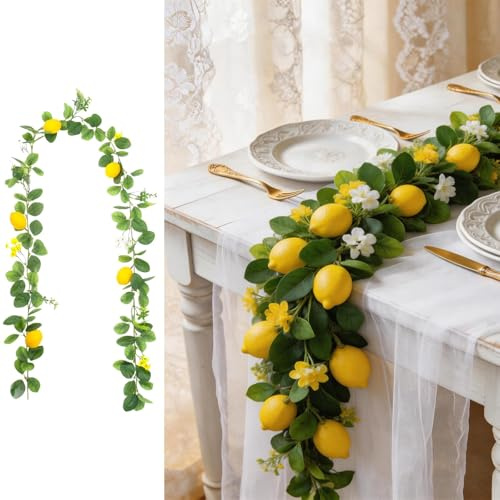 JYJLLM Ghirlanda artificiale di limoni, 200 cm, con fiori gialli e bianchi, con fiori gialli e bianchi, realistica, per porta, parete, matrimonio, festa, primavera, estate, decorazione per adulti