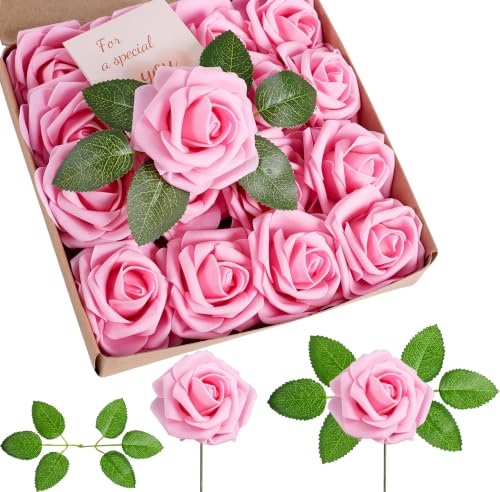 Sahoottie Pink Roses Artificial Pink Flowers Foam Roses whit Stems 16 Pcs | Real Touch Fake Faux Pink Roses whit 6 Leaves Box for Wedding Bridal Bouquet Valentines Party Home Decor Gift Wrap DIY
