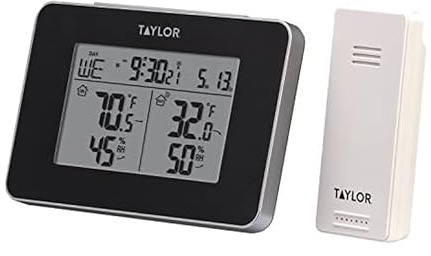 Taylor Wireless Digital Indoor Outdoor Thermometer and Hygrometer, Weather Station, Battery Powered, Alarm, Easy-to-Read Display for Home, Office, Greenhouse, Nursery, and Indoor Areas, Black