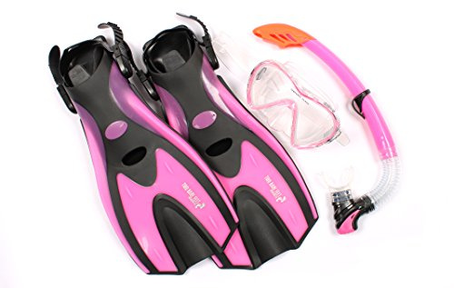 Two Bare Feet Adults 3 Piece Silicone Mask, Snorkel and Fins Diving Set, Anti Fog Anti Leak Snorkelling Set - Style 3 (Pink, Standard Snorkel, SM UK4.5-8.5)