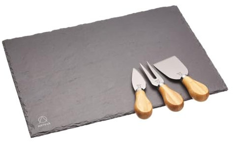 Artesà Set Tagliere / Vassoio in Ardesia Naturale e 3 Coltelli da Formaggio in Acciaio Inossidabile e Legno d'Acacia, Confezione Regalo Inclusa, 4 Pezzi