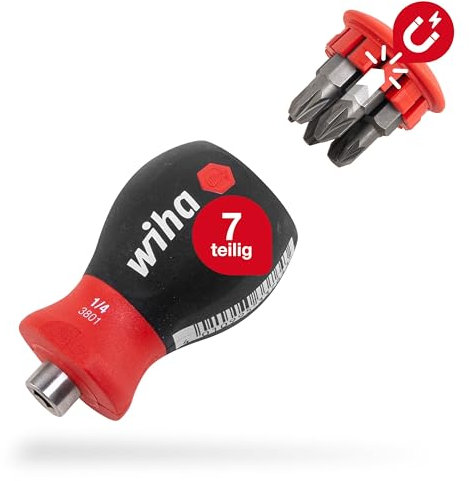 Wiha Schraubendreher Stubby mit Bit Magazin magnetisch (33741) I Schlitz, Kreuzschlitz I mit 6 Bits, 1/4