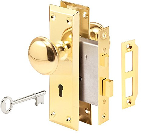 Prime-Line Defender Security E 2293 Mortise Lock Set, 2-3/8 in. Backset, Case Hardened Steel, Polished Brass, Reversible (Single Pack)