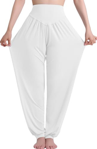 HOEREV Super weiche Modal Spandex Harem Yoga Pilates Hosen, Gr.-M,Weiß