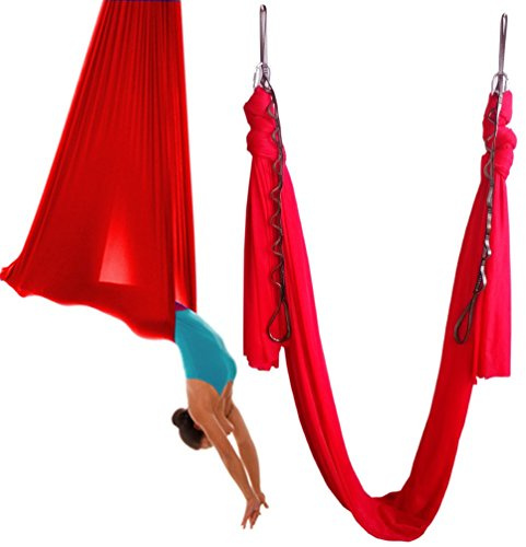 WELLSEM® 5,5 Yards (5 m/Set) Elastico Pilates Yoga Altalena Amaca Yoga Aerea con moschettone a Margherita e Guida (Rosso)