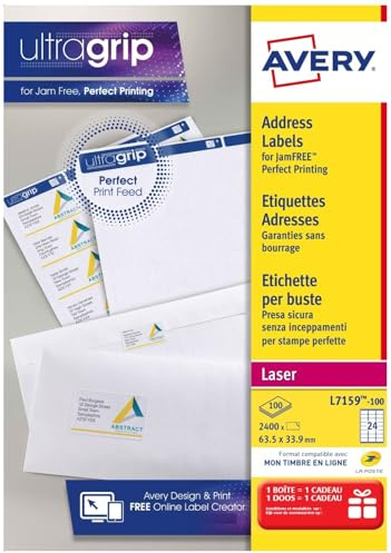 Avery Étiquettes Autocollantes Blanches, 2400 Pièces, L7159-100, 63,5 x 33,9mm, Papier A4, Feuille A4, Pour Imprimantes Laser, Anti-Bourrage, FSC Certifiées, Pour adressage et expédition