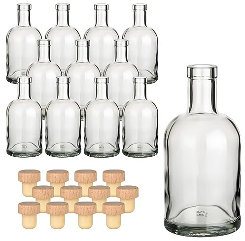 gouveo 12er Set Glasflaschen 500 ml Klassik mit Korken (HGK) - Leere Flasche 0,5 l aus Glas zum Befüllen - Glasflasche für Likör, Schnaps, Gin, Öl, Essig (KFT500HGK)
