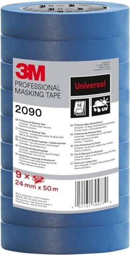 3M 2090 Profi Malerband für glatte Oberflächen, UV-beständig, innen und außen, Vorteilspack mit 9 Rollen, 24 mm x 50 m