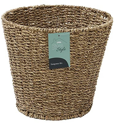 JVL Natural Round Seagrass Waste Paper Basket Bin, 28 x 25 cm