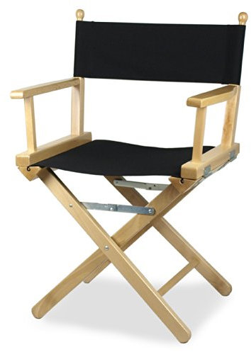 Regiestuhl aus unbehandeltem Holz und schwarzem Stoff