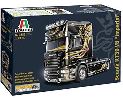 Italeri 553883 510003883 Scania R730 V8 Topline Imperial – hochdetaillierter Modellbausatz, inkl. Aufkleberbogen, unbemalt, Showtruck, 24,7 cm lang, Schwarz