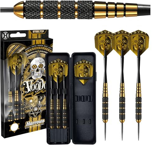 Harrows Voodoo Messingpfeile | Steeldarts-Set mit Tragetasche | 19g, 21g, 23g, 25g & 27g | Beinhaltet Speedline-Schäfte und 100-Mikron-Marathon-Voodoo-Flights 23g