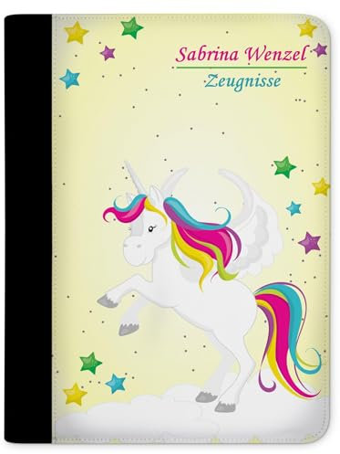 CreaDesign Customize A4 Zeugnismappe für Kinder - 26.7 x 32.7 x 1 cm, erweiterbar auf bis zu 20 Fächer, Sichtbuch ohne Klarsichthüllen, Einhorn Gelb Design, Dokumentenmappe für Schüler