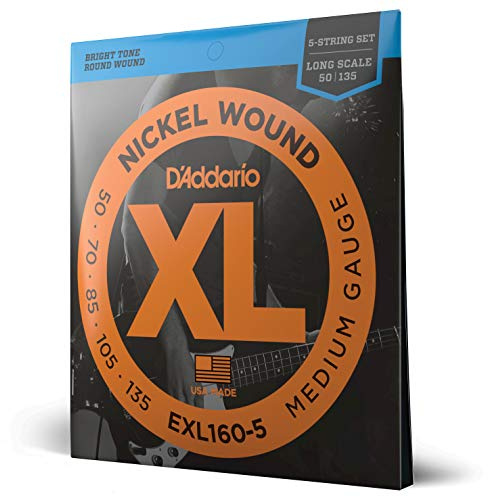 D'Addario Bass Guitar Strings - XL Nickel - EXL160-5 - Perfect Intonation, Consistent Feel, Powerful Durability - 5 String Set - 50-135 Medium 5-String, Long Scale