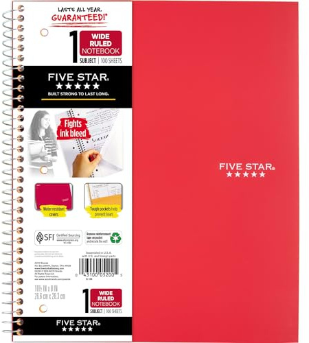 Five Star Spiral Notebook, 1 Subject, Wide Ruled Paper, 10-1/2 x 8, 100 Sheets, Assorted Colors, Color Will Vary, Office Product , 1 Count (05200)