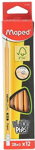 Maped - Crayons Graphite 2B #0 Black’Peps - Crayons à Papier en Bois avec Gomme - Forme Triangulaire Ergonomique - Boîte de 12 Crayons Papier 2B n°0 - Noir