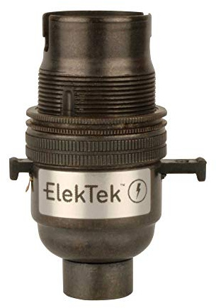 ElekTek Safety Switch Lamp Bulb Holder B22 BC Bayonet Cap & Shade Ring 10mm/M10 x1 Threaded Bottom Entry Bronze Made in UK - Child Safe Switch Push Bar locks OFF & cuts power if no bulb fitted