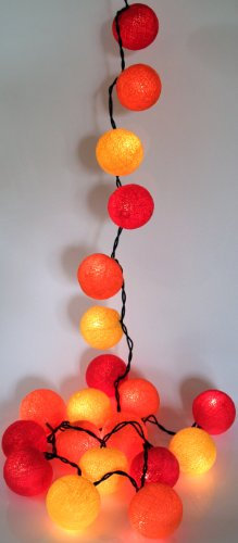 GURU SHOP Stoff Ball Lichterkette, 20`er LED Kugel Lampion Lichterkette - Rot/gelb, 7x7x350 cm