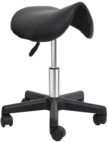 HOMCOM Tabouret à roulettes, Tabouret de Massage avec Hauteur réglable 43-55 cm et Selle Ergonomique, Chaise de Travail à roulettes pivotant 360°, pour Salon de Massage, Tatouage, Clinique, Spa, Noir