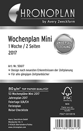 Chronoplan 50617 kalenderinlägg 2017 (veckoplan mini på rader, 1 vecka/2 sidor) vit