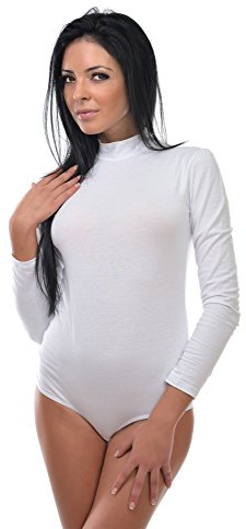 Evoni Damen Body langarm I blickdichter Bodysuit mit Halbkragen für Frauen I Langarmbody aus Baumwolle I Women Body Shaper I Jumpsuit XL Weiß