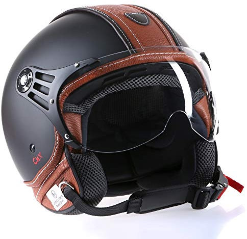 Motorradhelm Jethelm Rollerhelm CMX Hazel Größe L matt schwarz mit braunem Leder und klarem Visier