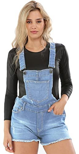 Ladies Stretchable Braces Dungaree Shorts Light Wash UK 16