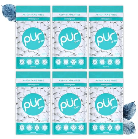 PUR Gum | Sugar Free Chewing Gum | Made with Xylitol | Vegan, Aspartame Free, Gluten Free and Keto Friendly | Natural Wintergreen Flavoured Gum, 55 Pieces (Pack of 6)