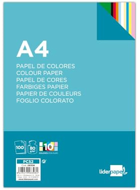Liderpapel PC52 - Papel color, A4 80G/M2 10 colores surdidos, Paquete de 100
