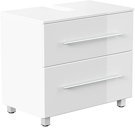 emotion | Waschtischunterschrank in Weiß Hochglanz | Made in Germany | B70 x H63.6 x T41.6 cm | Badezimmer Unterschrank mit Zwei Schubladen inkl. Edelstahl-Griffen | Unterbau auf Standfüßen