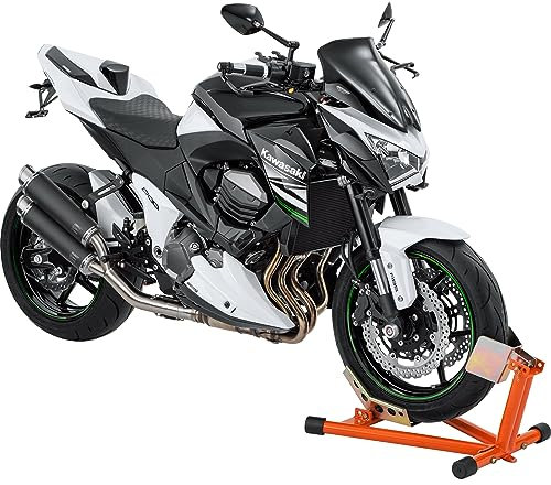 Hi-Q Tools Soporte de montaje Soporte para motocicletas Soporte de la rueda delantera Balancín, fácil aparcamiento del vehículo, ideal para el transporte, soporte fijo, color naranja, ajustable para casi todos los tamaños de ruedas/neumáticos