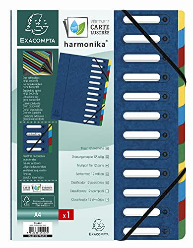 Exacompta 55122E Premium Ordnungsmappe Harmonika. Aus extra starkem Colorspan-Karton DIN A4 12 Fächer und 2 Gummizüge mit Indexfenster und dehnbarem Rücken Register-Mappe blau