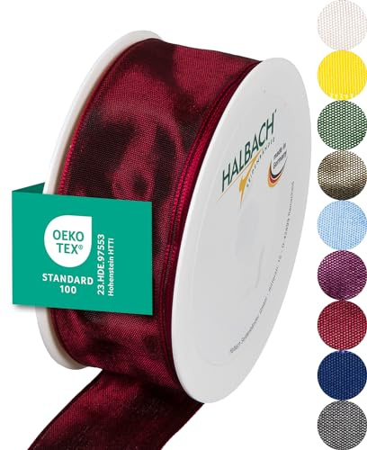 Halbach sidenband premium presentband med trådkant | bredd 40 mm längd 25 m | Öko-Tex 100 certifierat band | Taftband Made in Germany, färg: mörkröd