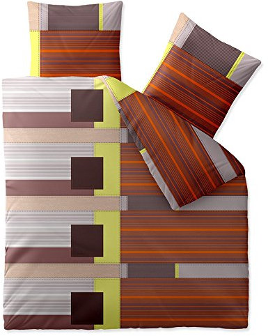 CelinaTex Touchme Biber Bettwäsche 200 x 200 cm 3teilig Baumwolle Bettbezug, Set, Bettgarnitur für Sommer und Winter, ganzjährig, pflegeleicht, Bijou Streifen kariert braun orange grün