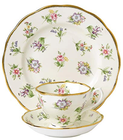 Royal Albert 106 100 Years 40017588 1920 Spring Meadow Tasse à thé, Soucoupe, Assiette de 20 cm, Lot de 3 pièces, Porcelaine Fine