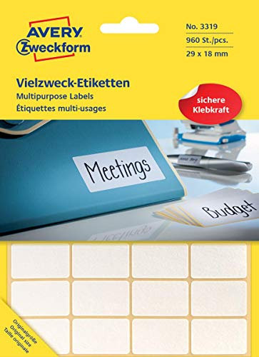 Avery Zweckform 3319 Haushaltsetiketten selbstklebend (29x18mm, 960 Aufkleber auf 30 Bogen, Vielzweck-Etiketten für Haushalt, Schule und Büro zum Beschriften und Kennzeichnen) blanko, weiß