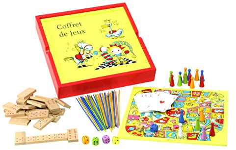 Jeujura - Coffret Bois 100 Jeux Acidule - Jeu de société dès 3 Ans - 11861 | Jeux de société traditionnels - Dames, Jeu de l'Oie, Petits Chevaux, Mikado, Dominos, Cartes - L'Arbre à Jouer
