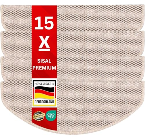 casa pura Stuffenmatten innen 15 Stück, habrund Selbstklebend in Sisal-Optik Treppenstuffen Matten beige 65x23,5 cm Kalkuta