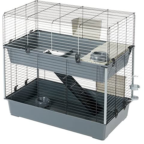 Ferplast Kaninchenkäfig Doppelstockigkäfig für Kaninchen Rabbit 100 Double, Nagerkäfig, Meerschweinchen- Kaninchenstall mit Zubehör, aus schwarz lackiertem Metall und Kunststoff, 95 x 57 x h 93,5 cm