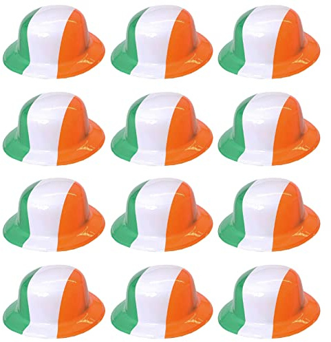 Adults Irish Bowler - Pack of 12 - Plastic Green, White & Orange Irish Flag Bowler Hat - Mens Womens St Patricks Day Ireland Hat Party Fancy Dress Accessory