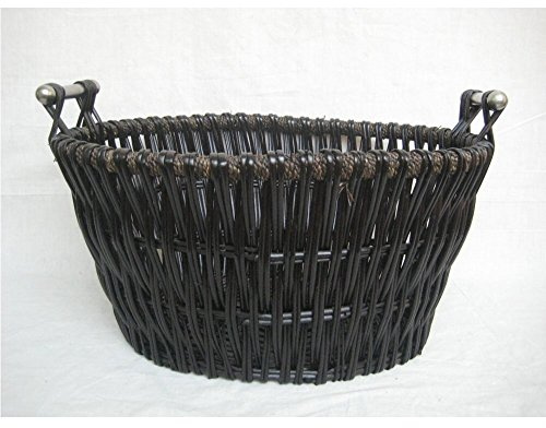DARK COLOUR WICKER LOG BASKET WITH CHROME HANDLES